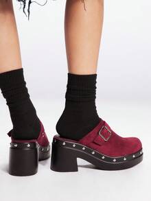 Sugerpunk 女士厚底纯酒红色扣饰高跟鞋，适合夏季 Y2K 朋克时尚街头运动哥特风格、春假复活节 - 酒紅色 - 查看 4