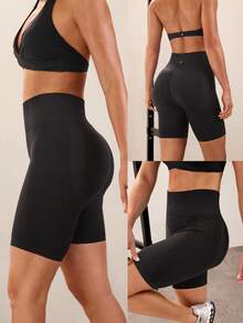 GLOWMODE Quần short biker cạp cao co giãn thấm mồ hôi không đường may 6 inch kiểm soát bụng không đường may phía trước quần bó mông cạp cao quần chạy bộ tập luyện tác động trung bình phòng tập thể dục mặc hàng ngày - màu đen - Xem 7
