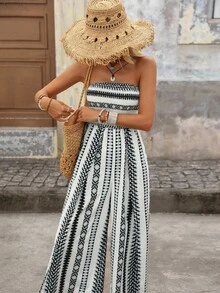 Brillora Women's Geometric Print Wide Leg Romper For Vacation - Black and White - View 7