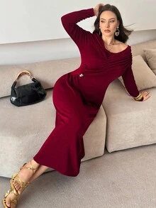 Modelyn Plus Size Women Elegant Off Shoulder Ruched Waist Long Sleeve Dress With Metallic Decor - Burgundy - View 7