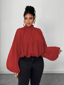 Maweii Blus Fashion Longgar Berlipit Lengan Lentera Leher Tinggi Warna Polos untuk Wanita Ukuran Plus, Warna Natal - Merah - View 4
