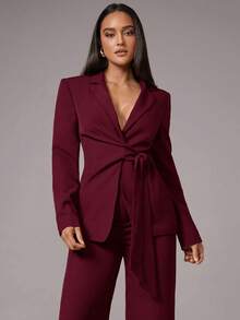 Silquee Traje de chaqueta y pantalones de unicolor con cuello de solapa, manga larga, nudo lateral, elegante para ir al trabajo, adecuado para cóctel, cita romántica, fiesta básica de otoño/invierno, fiesta formal, boda - Burdeos - Ver 2