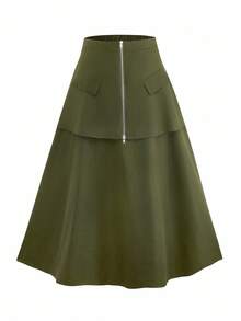 Modelyn Stylish Commuter Elegant Double Zipper Pocket Patchwork Long Plus Size Skirt - Army Green - View 1