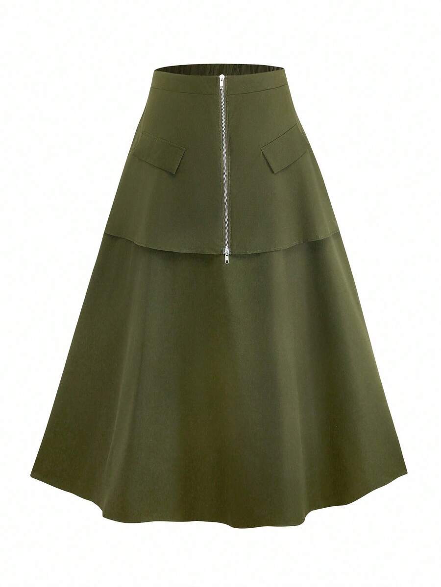 Modelyn Stylish Commuter Elegant Double Zipper Pocket Patchwork Long Plus Size Skirt - Army Green - View 1