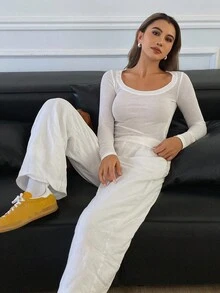 DAZY Women's Solid Color Slim Fit Stretchy Thin Long Sleeve Casual T-Shirt, Spring/Summer