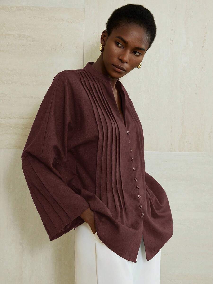 Aveloria Modichic Fashionable Stylish Long Sleeve Shirt With Drawstring Decoration At Cuffs - Brown - View 1