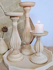 SHEIN 1 件欧式复古木质烛台手工雕刻素色烛台托盘摆件工艺礼品婚礼家居餐桌装饰