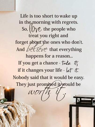 SHEIN Inspirational Wall Decal Quotes,Living Room Bedroom Saying Sticker Wall Art Decor,Life Is Too Short To Wake Up In The Morning With Regrets 23 X 28In