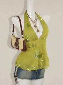 SHEIN ICON 女士花卉亮片性感深V领吊带背心 - 綠色 - 查看 3