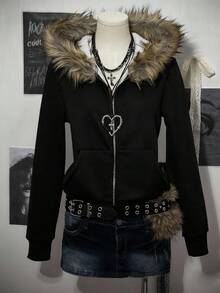 Attitoon 女士休闲拉链连帽保暖卫衣，带毛领，适合秋冬季节，复古风，秋季拉链卫衣，女士拉链卫衣 - 黑色 - 查看 6