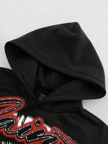 ROMWE MEN Street Life Spring Casual Graphic Men'S Hooded Sweatshirt, Casual Street Style, Popular American Eye Graphic Print Short Hoodie, Autumn/Winter, Long Sleeve Top - Black - View 7