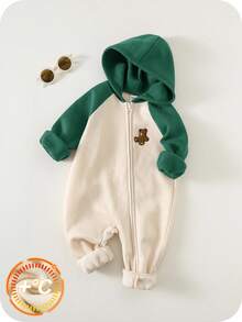 SHEIN Newborn Baby Unisex Cute Patchwork Knitted Bear Pattern Thickened Hooded Jumpsuit, Autumn/Winter Fall - Dark Green - View 3