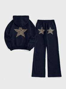 Sweetra 2pcs Y2K Star & Leopard Print Hoodie And Sweatpants Set, Fashionable Streetwear