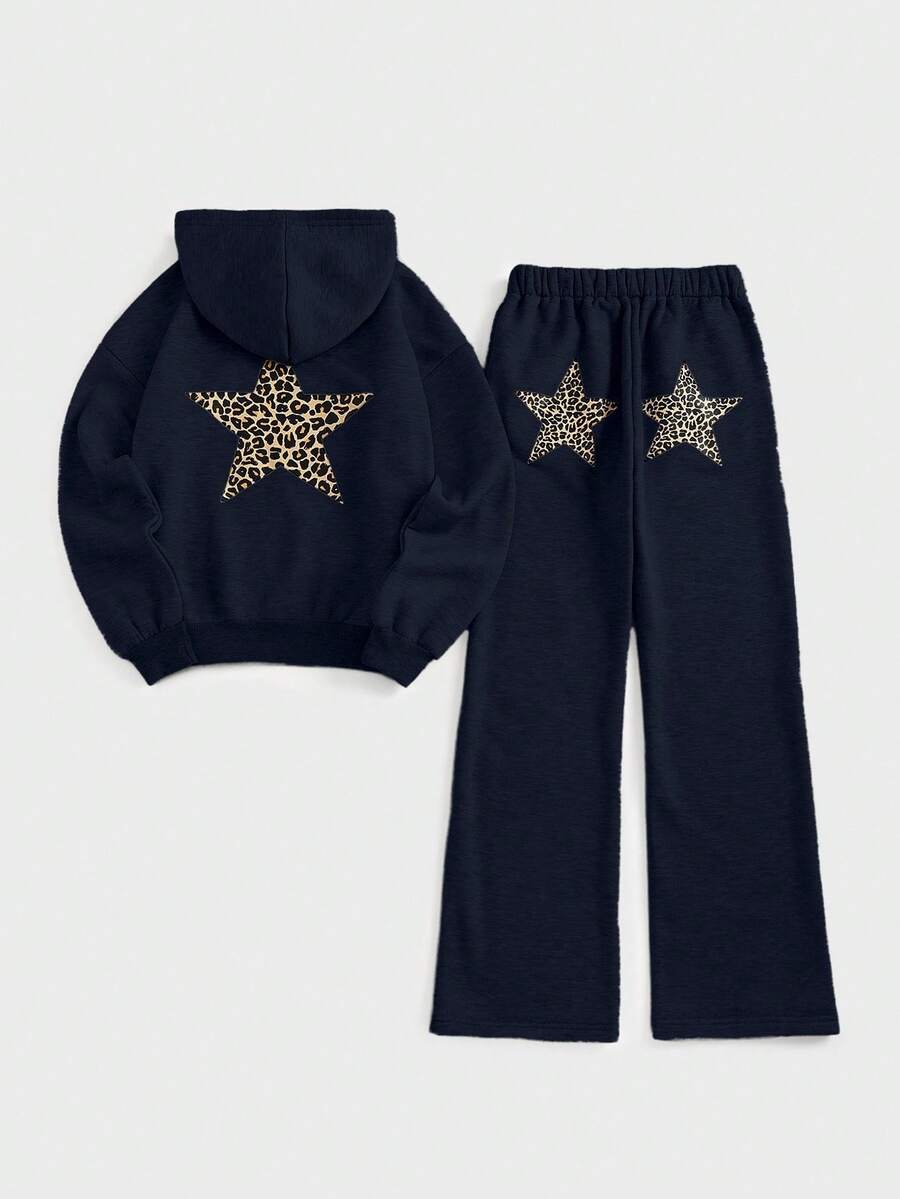 Sweetra 2pcs Y2K Star & Leopard Print Hoodie And Sweatpants Set, Fashionable Streetwear