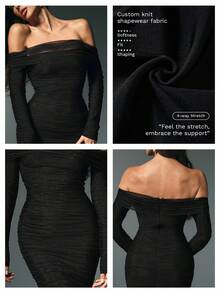 女式修身腰身连衣裙，露肩领口，网眼覆盖，性感绷带设计，中长款，适合派对、休闲装，秋冬 - 黑色 - 查看 2