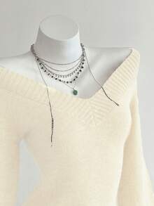 Elamini 女士休闲V领宽松纯色长袖毛衣 - 米色 - 查看 3