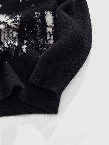 ROMWE MEN Street Life 男士开襟深色蝴蝶提花绒面针织开衫，街头风，秋冬款 - 黑與白 - 查看 4