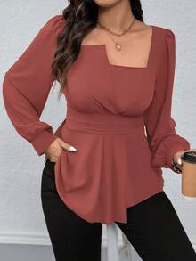 SHEIN LUNE Áo sơ mi tay dài cổ vuông màu trơn viền bèo nhún cỡ lớn, thường ngày cho dịp Giáng sinh, áo peplum - Gỗ đỏ - Xem 3