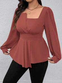 SHEIN LUNE Áo sơ mi tay dài cổ vuông màu trơn viền bèo nhún cỡ lớn, thường ngày cho dịp Giáng sinh, áo peplum - Gỗ đỏ - Xem 5