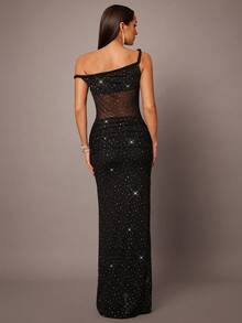 Silquee 女式不对称领口透视镂空长裙，性感纯黑色，低腰，秋冬 - 黑色 - 查看 3