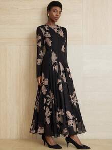 Aveloria Modichic Váy suông in họa tiết cọ ngẫu nhiên phong cách quý cô thanh lịch, cổ tròn tay dài co giãn - Nhiều màu - Xem 5