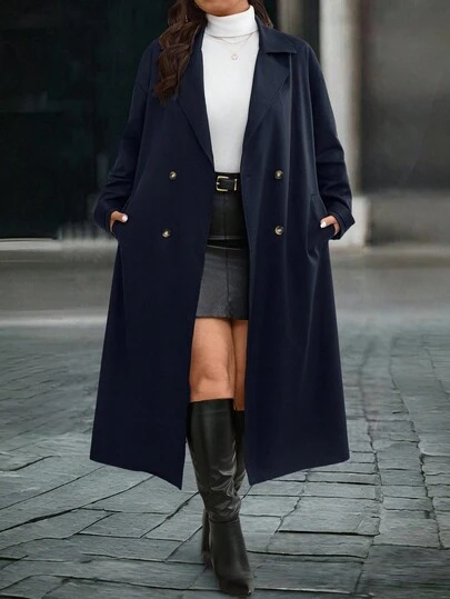 SHEIN 大码女式 Chiquease 休闲翻领双排扣系带长款风衣，秋季