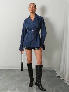 Modelyn 女式蓝色正装西装外套，带金属装饰，条纹，系腰带，双排扣，适合秋冬装 - 藍色 - 查看 3