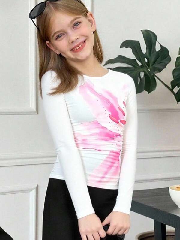 SHEIN 3pcs/Set Tween Girls' Tropical Floral, Seashell, Starfish Print Relaxed Fit Crew Neck Long Sleeve T-Shirts, White, Black, Light Pink Fall Winter
