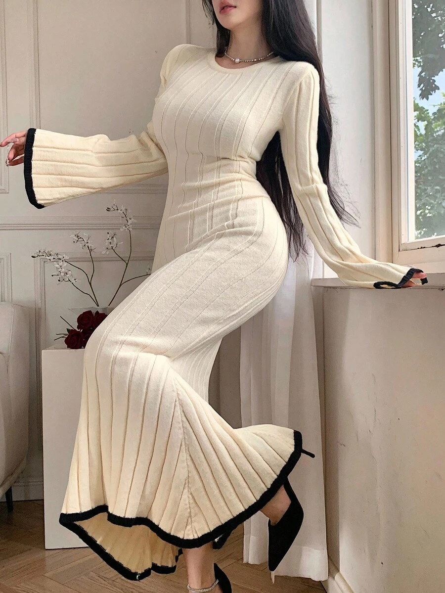 DAZY 女式优雅撞色鱼尾毛衣裙，秋季 - 米色 - 查看 1