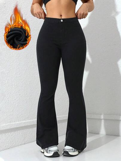 SHEIN Privé Jeans acampanados de unicolor simple para uso casual y diario, forrados térmicamente, para otoño/invierno