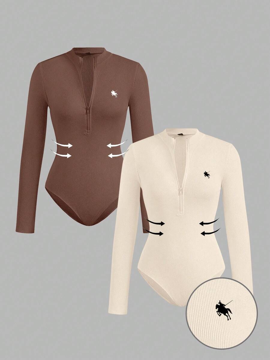 SHEIN EZwear 2 件女式小马印花拉链高领紧身衣套装，休闲长袖紧身衣，适合秋冬季 - 彩色 - 查看 1