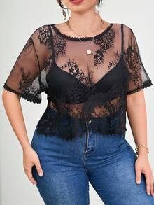 Elenzga Plus Guipure Lace Trim Mesh Top Without Bra - Black - View 4