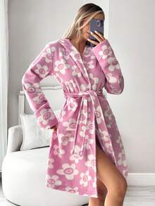 EURMUSE Flower&Smile Print Dual Pocket Hooded Belted Robe - Pink - View 7