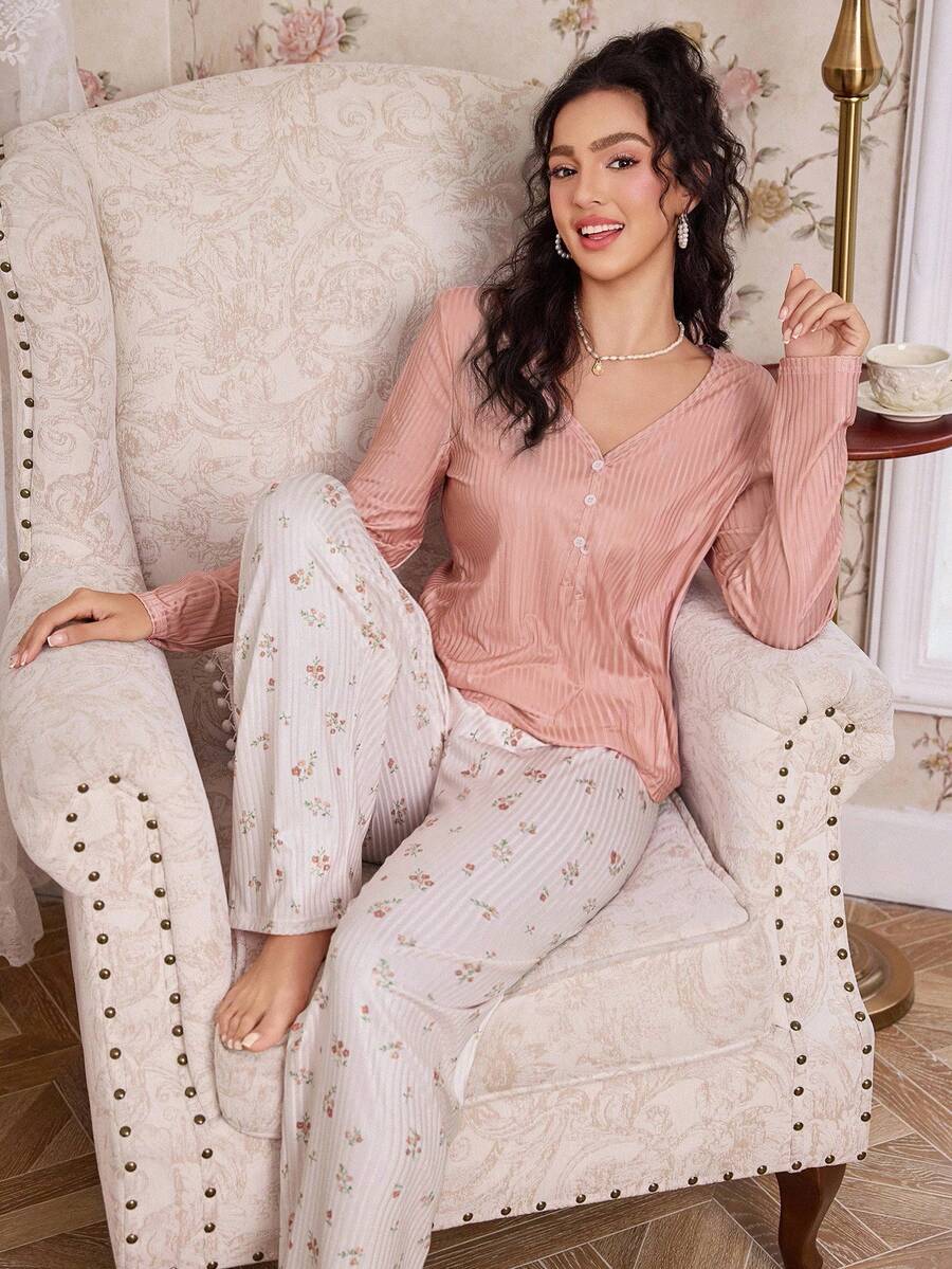 CottageSlumber Women's Casual Long Sleeve Solid Color V-Neck Pajama Set, Ditsy Floral Lounge Pants, Fall Clothes - Multicolor - View 1