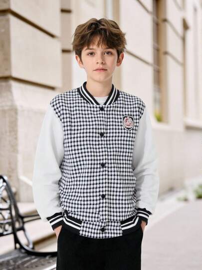 SHEIN Explorewe Boys' Fashionable Plaid Jacket, Casual Collegiate Style With Long Sleeves And Chest Logo, Suitable For School, Outings, Travel In Autumn/Winter, Can Be Paired With Jeans Or Sweatpants Fall