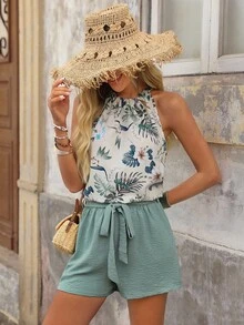Brillora Summer Beach Tropical Floral Print Halter Top & Belted Shorts Two Pieces Set