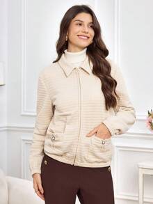 Miaspire 女士休闲提花梭织面料夹克，配有抽绳口袋，适合秋冬季日常穿着 - 杏色 - 查看 8