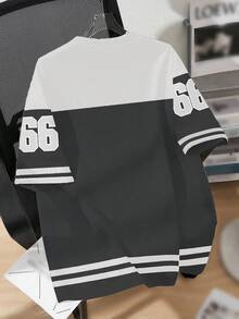 SHEIN 青少年男孩休闲简约棒球文化拼布图案，数字 66 文字图形印花短袖圆领 T 恤，适合夏季 - 彩色 - 查看 4