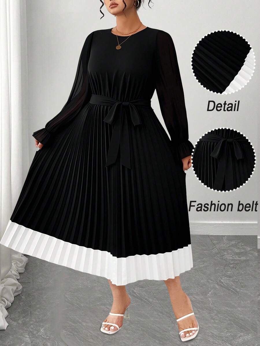 SHEIN Elenzya 大码女式拼色圆领长袖褶边优雅连衣裙 - 黑色 - 查看 1