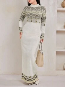 Veilorie 女士几何提花加长针织连衣裙，秋冬 - 白色 - 查看 2