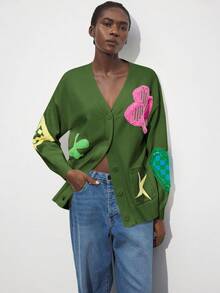 Maija Beżowy damski swobodny, kolorowy, z nadrukiem graffiti, dzianinowy wzór, uniwersalny, dekolt w serek, opadające ramiona, długi rękaw, otwarty przód, wygodny luźny krój, podstawowy styl uliczny, swobodny styl, jesienno-zimowy, ubrania dla kobiet