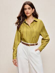 BizChic 2025 Autumn/Winter New Yellow-Green Striped Print Lapel Button-Front Women's Shirt, Modern Elegant Urban Business Casual Office Wear, Suitable For Dates, Parties, Outings, Airports, Romantic Country Music Concerts, Old Money Style, Korean Fashion, Airport, Wedding Guest, Birthday, Halloween, Christmas,Fall Tops Women Work Blouses Women Button Down Shirts Office Blouse Striped Shirt Women - Green - View 1