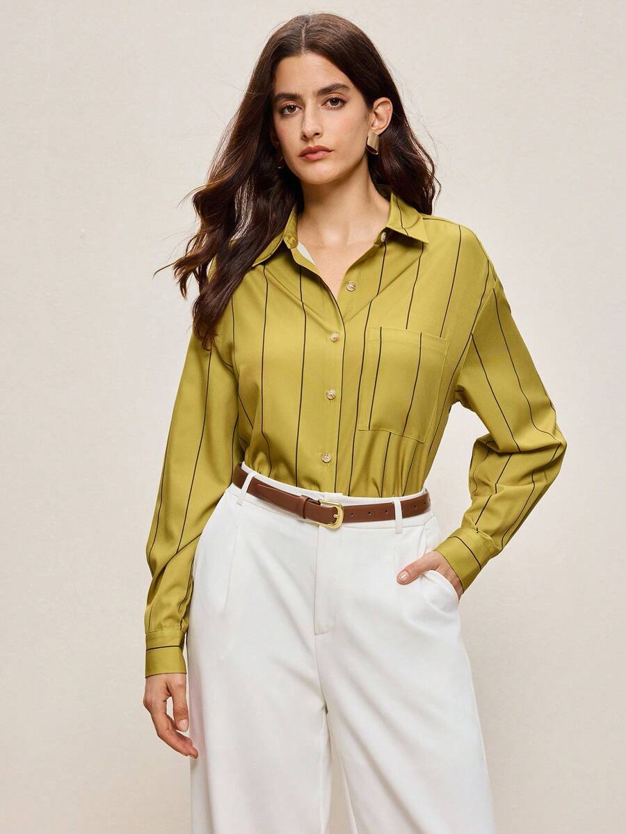 BizChic 2025 Autumn/Winter New Yellow-Green Striped Print Lapel Button-Front Women's Shirt, Modern Elegant Urban Business Casual Office Wear, Suitable For Dates, Parties, Outings, Airports, Romantic Country Music Concerts, Old Money Style, Korean Fashion, Airport, Wedding Guest, Birthday, Halloween, Christmas,Fall Tops Women Work Blouses Women Button Down Shirts Office Blouse Striped Shirt Women - Green - View 1