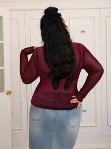 CovetEZ 大码女式纯色圆领网眼修身时尚性感衬衫 - 酒紅色 - 查看 3