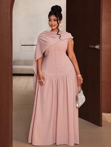 Maweii Plus Size Women Solid Color Pleated Button Design Elegant Dress - Khaki - View 5