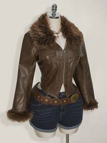 SHEIN ICON Plus Size Brown PU Leather Collar Patchwork Short Jacket In Fall/Winter