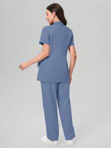 Scrubzie Anti-Wrinkle Short Sleeve Tie-Up Long Shirt And Long Pants Scrub Uniform Set - Blue - View 2