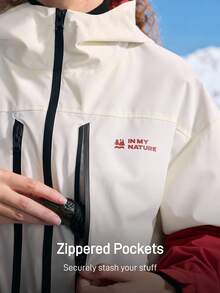 In My Nature 女士字母印花撞色长袖连帽户外防风防水夹克，滑雪夹克，户外 - 紅白色 - 查看 8