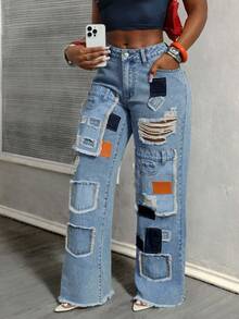 Slaydiva Plus Size Women Cowgirl Style Blue Denim Straight Leg Jeans With Patches, Distressed Hem, Non-Stretch, Spring - Light Wash - View 8