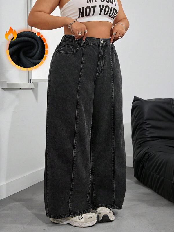 SHEIN PETITE CURVE Plus Size Women High Waist Pockets Thermal Lined Wide Leg Loose Casual Jeans
